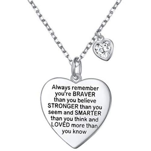 FLYOW Sterling Silver Always Remember You are Braver Than You Believe Jewelry Heart Pendant Necklace Inspirational Gifts for Daughter from Mom Dad