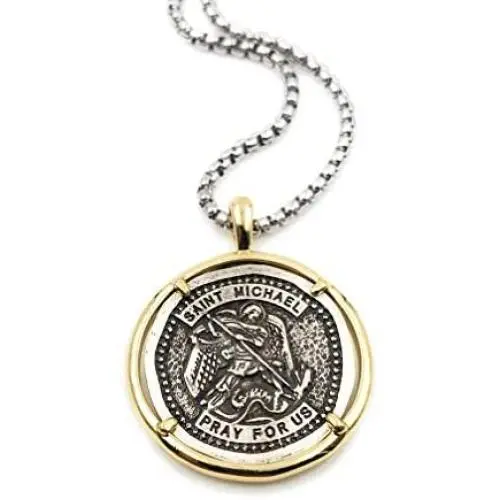 LESLIE BOULES Vintage Saint Michael The Archangel Medal Necklace for Men 22 Inches Length Protection Jewelry