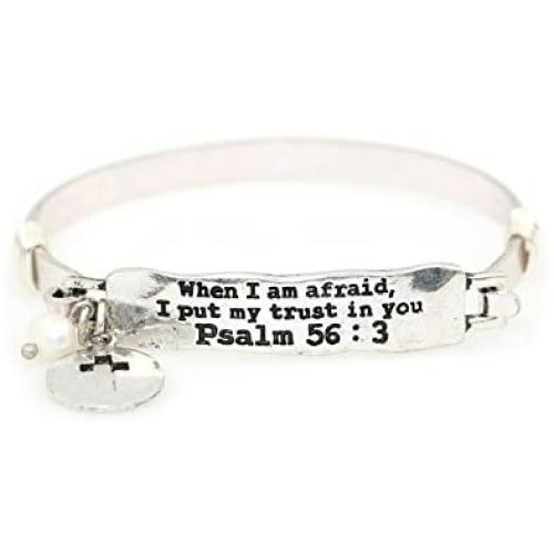 Wonderent “When I am Afraid, I Put My Trust in You” Psalm 56:3 Handmade Beautiful Christian Bangle Bracelet with Wire Design and Cross Punch Out Charm and Bead