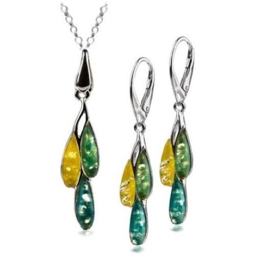 Sterling Silver Multicolor Amber Dreams Necklace Earrings Set 18 Inches