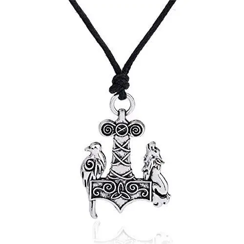fishhook Wicca Vintage Norse Mjolnir Thors Hammer Celtic Knot Raven and Wolf Pendant Necklace Jewelry fishhook Wicca Vintage Norse Mjolnir Thors Hammer Celtic Knot Raven and Wolf Pendant Necklace Jewelry