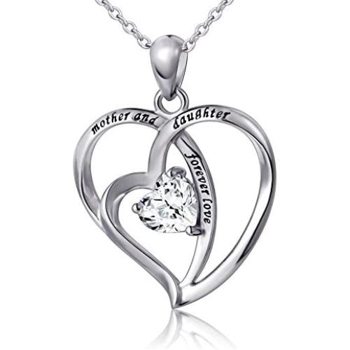925 Sterling Silver Cubic Zirconia Love Heart Engraved Necklace for Women, 18''