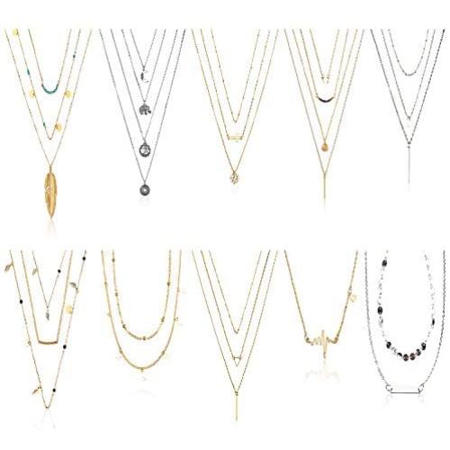 CLOSEUS 10 PCS Layered Choker Necklaces Fashion Sexy Casual Cute Bar Boho Pendant Chain for Women Girls Teens Jewelry Gifts Set Come Gift Box