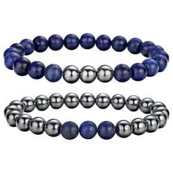 Lullabb 6pcs Hematite Magnetic Couple Therapy Bracelet for Men Women Natural Gemstones Stretch Beaded Reiki Healing Bracelets Anxiety Relief for Carpel