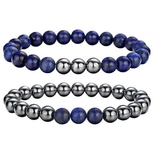 Lullabb 6pcs Hematite Magnetic Couple Therapy Bracelet for Men Women Natural Gemstones Stretch Beaded Reiki Healing Bracelets Anxiety Relief for Carpel