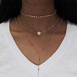 Anglacesmade Layered Choker Necklace Set Rhinestone Choker Pearl Necklace Gold Beads Y Necklace Bohemia Jewelry for Women and Girls(Gold)