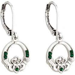 Claddagh Earrings Irish Celtic Green Crystal Rhodium Plated Drops Made in Ireland
