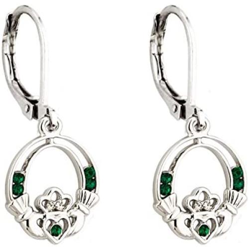 Claddagh Earrings Irish Celtic Green Crystal Rhodium Plated Drops Made in Ireland