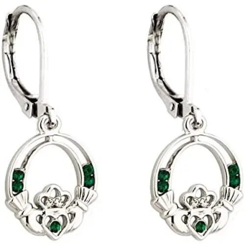 Claddagh Earrings Irish Celtic Green Crystal Rhodium Plated Drops Made in Ireland Claddagh Earrings Irish Celtic Green Crystal Rhodium Plated Drops Made in Ireland