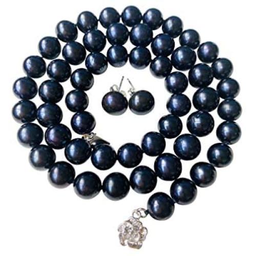 Pearl Romance II Round Pearl II Black Pearl Necklace Jewelry Stud Earrings 2 Piece Set for Women Wedding Brides Bridesmaids Genuine Strand Cultured Freshwater