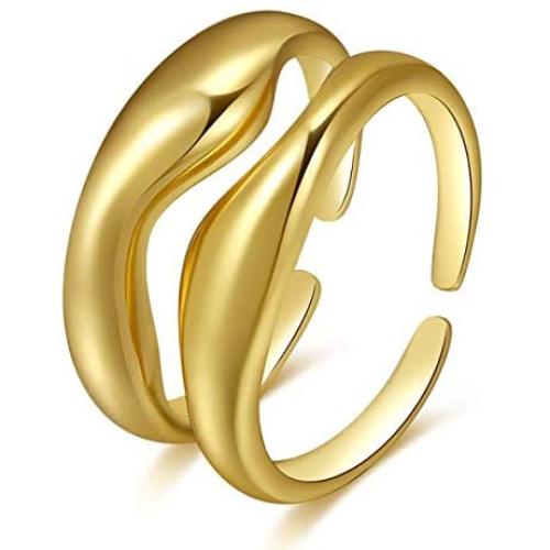 2PCS Plain Gold Rings Classical Plain Stackable Wedding Band Ring Womens Plain Band Knuckle Stacking Rings 18k Gold Plated Ring High Polish Ring Open Adjustable R