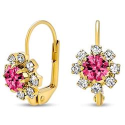 Delicate Floral Crystal 18K Gold Plated Brass Leverback Drop Flower Earrings For Women Teen More Birth Month Colors