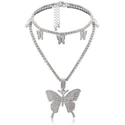 Fashion Layered Butterfly Pendant Micro Shiny Zircon Rhinestone Charm Tennis Chain Choker Necklace Punk Hip Hop Jewelry Gift for Men Women