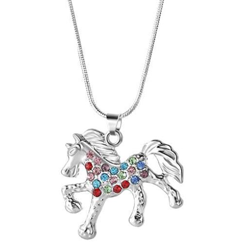 Nimteve Girls Necklaces Silver Tone Multicolored Crystals Horse Pendant Pony Mustang Charm Necklace for Little Girls 18 Inches
