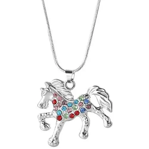 Nimteve Girls Necklaces Silver Tone Multicolored Crystals Horse Pendant Pony Mustang Charm Necklace for Little Girls 18 Inches