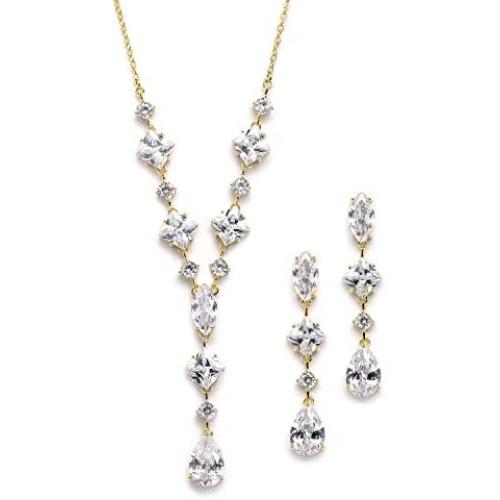 Mariell Genuine 14K Gold Plated Cubic Zirconia Wedding Necklace & Earrings Bridal Jewelry Set for Brides