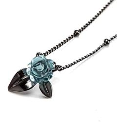Thaya 925 Sterling Silver Blue Rose Flower Pendant Necklace Blue Crystal Choker Necklace Black Handmade Dainty Pendant Charm Necklace for Girl Jewelry for Summer 