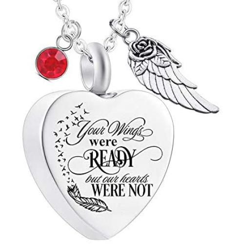 Heart Cremation Urn Necklace for Ashes Urn Jewelry Memorial Pendant with Fill Kit and Gift Velvet Bag - Your wings were ready but our hearts were not