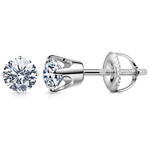 14k Gold Plated 925 Silver Stud Earrings with Screw Back, Round cut Cubic Zirconia Solitaire Studs With Gift Box