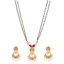 Tarinika Falgu Gold-Plated Indian Necklace and Earrings Jewelry Set with Black Beads - Center Red