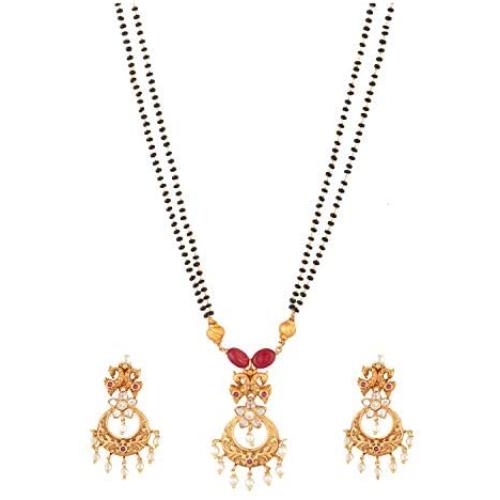 Tarinika Falgu Gold-Plated Indian Necklace and Earrings Jewelry Set with Black Beads - Center Red