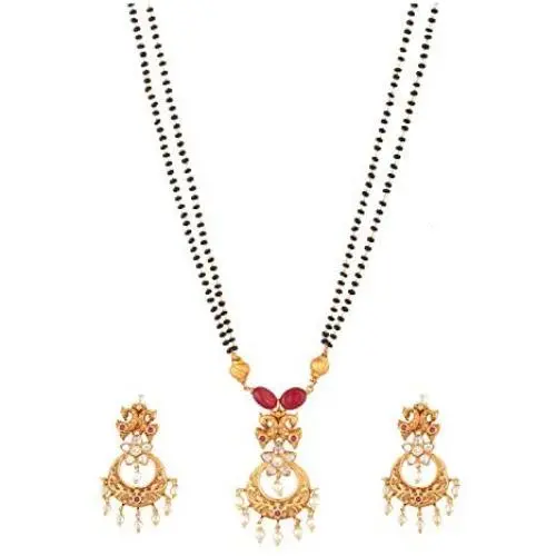 Tarinika Falgu Gold-Plated Indian Necklace and Earrings Jewelry Set with Black Beads - Center Red Tarinika Falgu Gold-Plated Indian Necklace and Earrings Jewelry Set with Black Beads - Center Red