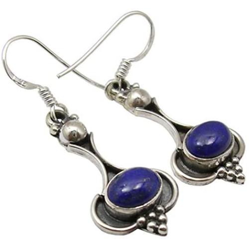 SilverStarJewel Lapis Lazuli Oxidized Earrings 1.7'' 3.9 Grams 925 Sterling Silver Bijoux