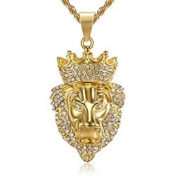 Lee Island Fashion 24K Gold Plated Simulated Diamond CZ Fully Lion King with Crown Pendant Stainless Steel Necklace, 24 Inch Chain for Men Hip Hop Jewelry