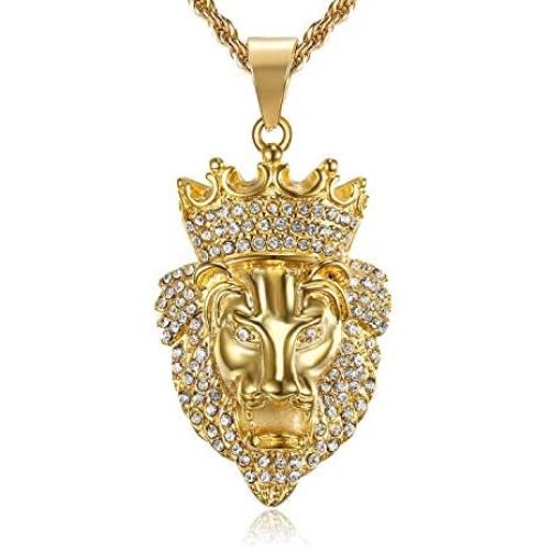 Lee Island Fashion 24K Gold Plated Simulated Diamond CZ Fully Lion King with Crown Pendant Stainless Steel Necklace, 24 Inch Chain for Men Hip Hop Jewelry