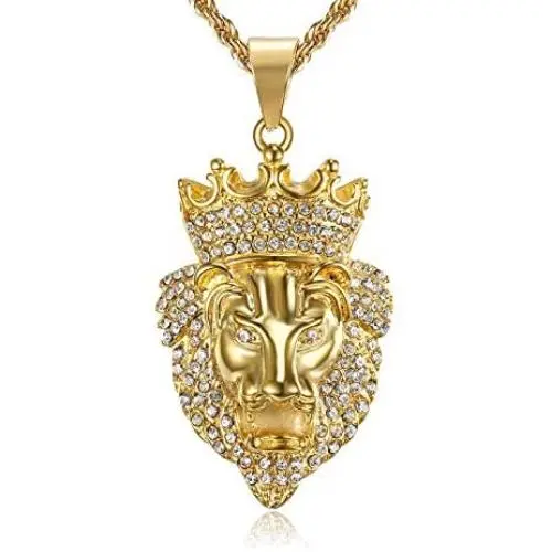 Lee Island Fashion 24K Gold Plated Simulated Diamond CZ Fully Lion King with Crown Pendant Stainless Steel Necklace, 24 Inch Chain for Men Hip Hop Jewelry Lee Island Fashion 24K Gold Plated Simulated Diamond CZ Fully Lion King with Crown Pendant Stainless Steel Necklace, 24 Inch Chain for Men Hip Hop Jewelry