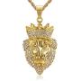 Lee Island Fashion 24K Gold Plated Simulated Diamond CZ Fully Lion King with Crown Pendant Stainless Steel Necklace, 24 Inch Chain for Men Hip Hop Jewelry