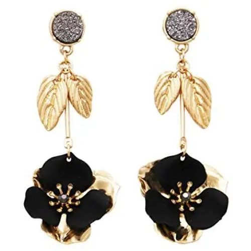 Rosemarie Collections Womens Druzy Stone with Powder Coated Metal Flower Dangle Bar Earrings, 2.5'' Rosemarie Collections Womens Druzy Stone with Powder Coated Metal Flower Dangle Bar Earrings, 2.5''