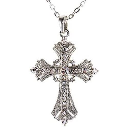 Alilang Silvery Tone Religious Cross Pendant Necklace w/Aquamarine Blue Or Clear Crystal Rhinestones