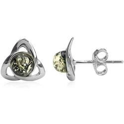 Green Amber Sterling Silver Celtic Small Stud Earrings