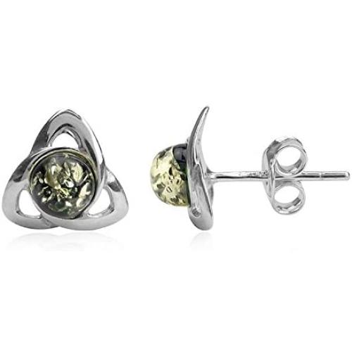 Green Amber Sterling Silver Celtic Small Stud Earrings