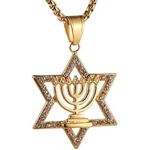 AsAlways Men Women Branch Candle Holder Pendant Israel Judaica Gift Religious Jewelry Jewish Megan Star of David Pendant Necklace 18K Gold Hexagon Star Necklace
