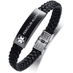 XUANPAI Personalized Custom Medical Alert Emergency Braided Leather Wristband ICE ID Bracelet for Men Boys