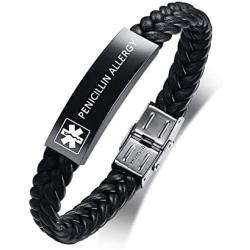 XUANPAI Personalized Custom Medical Alert Emergency Braided Leather Wristband ICE ID Bracelet for Men Boys