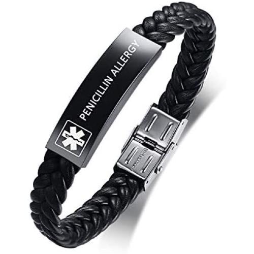 XUANPAI Personalized Custom Medical Alert Emergency Braided Leather Wristband ICE ID Bracelet for Men Boys