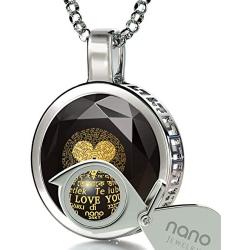 925 Sterling Silver I Love You Necklace 24k Gold Inscribed in 120 Languages Including Sign Language in Miniature Text on Brilliant Round Cut Cubic Zirconia Gemstone Halo Pendant, 18'' Rolo Chain