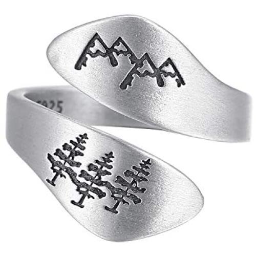 LOVECOM 925 Sterling Silver Mountain & Cedar Open Rings for Women Men Couple Wedding Bands Vintage Nature Tree and Mountain Plants Hugging Wrape Rings Girls Silver Jewelry Gifts