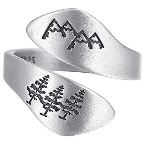 LOVECOM 925 Sterling Silver Mountain & Cedar Open Rings for Women Men Couple Wedding Bands Vintage Nature Tree and Mountain Plants Hugging Wrape Rings Girls Silver Jewelry Gifts