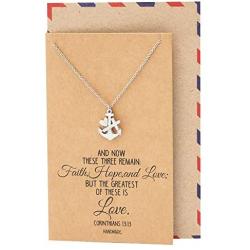 Quan Jewelry Faith Hope and Love Necklace with Heart Anchor Cross Crucifix Pendant, Nautical Pirate Inspired Charm, Religious Jewelry, Gifts for Women with Inspirational Quote on Greeting Card