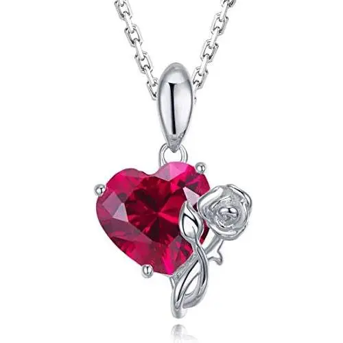 HAOSG 925 Sterling Sliver Rose & Love Heart Birthstone Necklace Created Amethyst February Birthday Valentines Day Jewelry Gifts for Women Girls Her, 16''+2'' Adjustable Chain