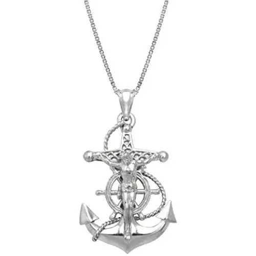 Honolulu Jewelry Company Sterling Silver Crucified Jesus on an Anchor Necklace Pendant with 18'' Box Chain Honolulu Jewelry Company Sterling Silver Crucified Jesus on an Anchor Necklace Pendant with 18'' Box Chain