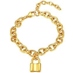 FindChic Handcuff Necklace Padlock Pendant Customized Handcuff Bracelet Partners in Crime Stainless Steel 18K Gold Plated Curb Chain Interlocking 18inch Friendship Statement Necklace for Girls & Women