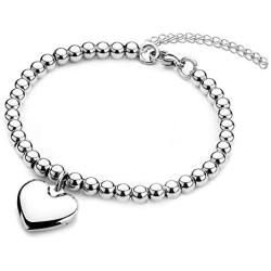 Jewelry Kingdom 1 Heart Charm Necklace Bracelet for Women Girls 6mm Silver Bead Ball Chain Stainless Steel