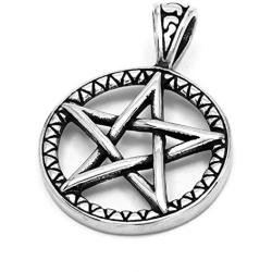 Warvik Wiccan Pentagram Carved Pattern Medallion Necklace Rune Silver Color, Stainless Steel Jewelry Men Women Wheat Chain 20/28 Inch
