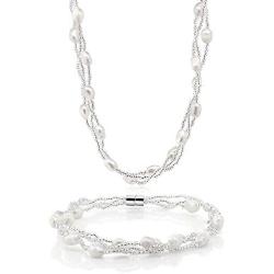 Gem Stone King Twisted White Cultured Freshwater Pearl 16 Inch Necklace for Women and 7 Inch Bracelet with Magnetic Clasp