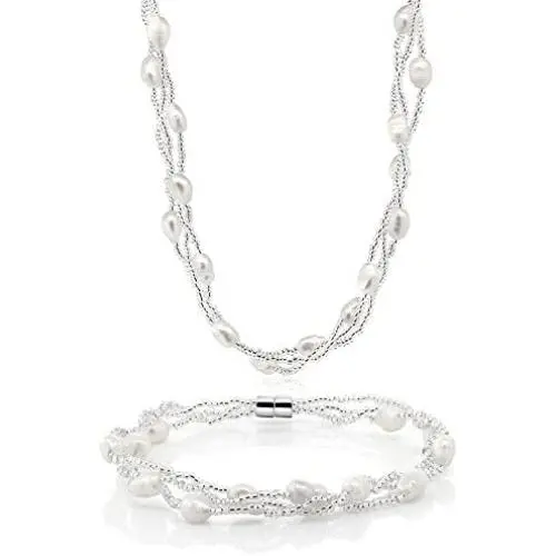 Gem Stone King Twisted White Cultured Freshwater Pearl 16 Inch Necklace for Women and 7 Inch Bracelet with Magnetic Clasp
